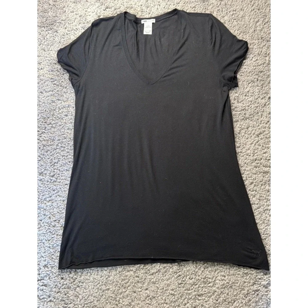 PINK Victoria's Secret  L Black V-Neck Short Sleeve Sleep Shirt Tee
